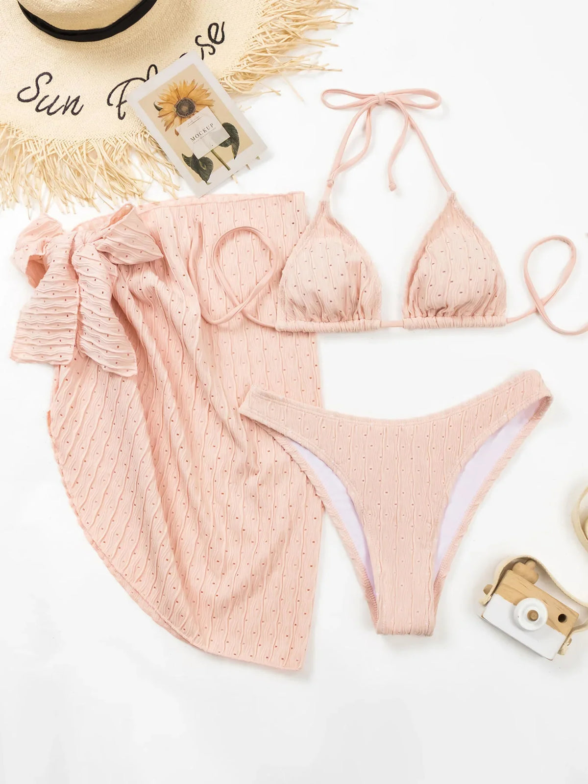 2026 New 3 Pieces Set Swimsuit Women Thong Swimwear Sexy Micro Bikini Set With Sarong Skirt White Beachwear Bathing Suit Pink