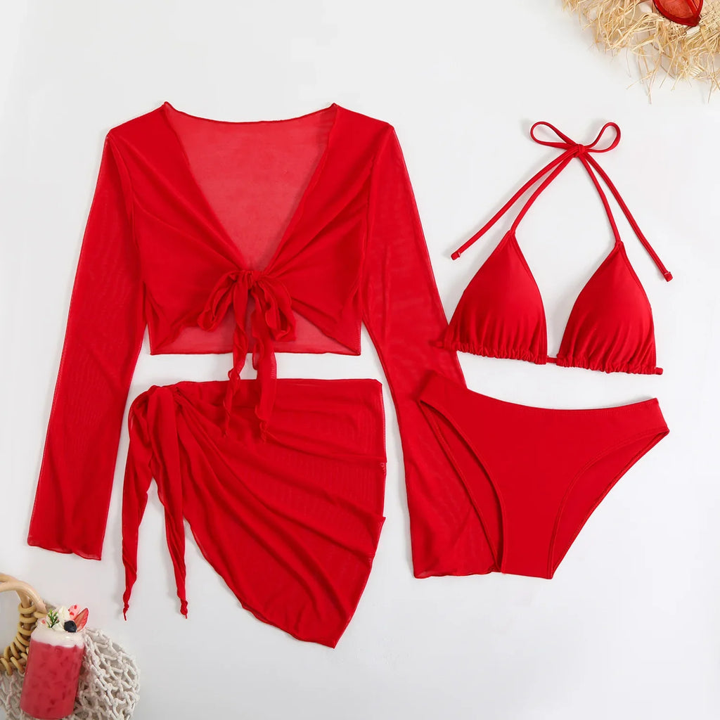 2025 Sexy Bikinis Female Swimsuits Women's Four-Piece Swimwear Beach Swim Wear Bathing Suits Brazilian Bikini Set Red Bather