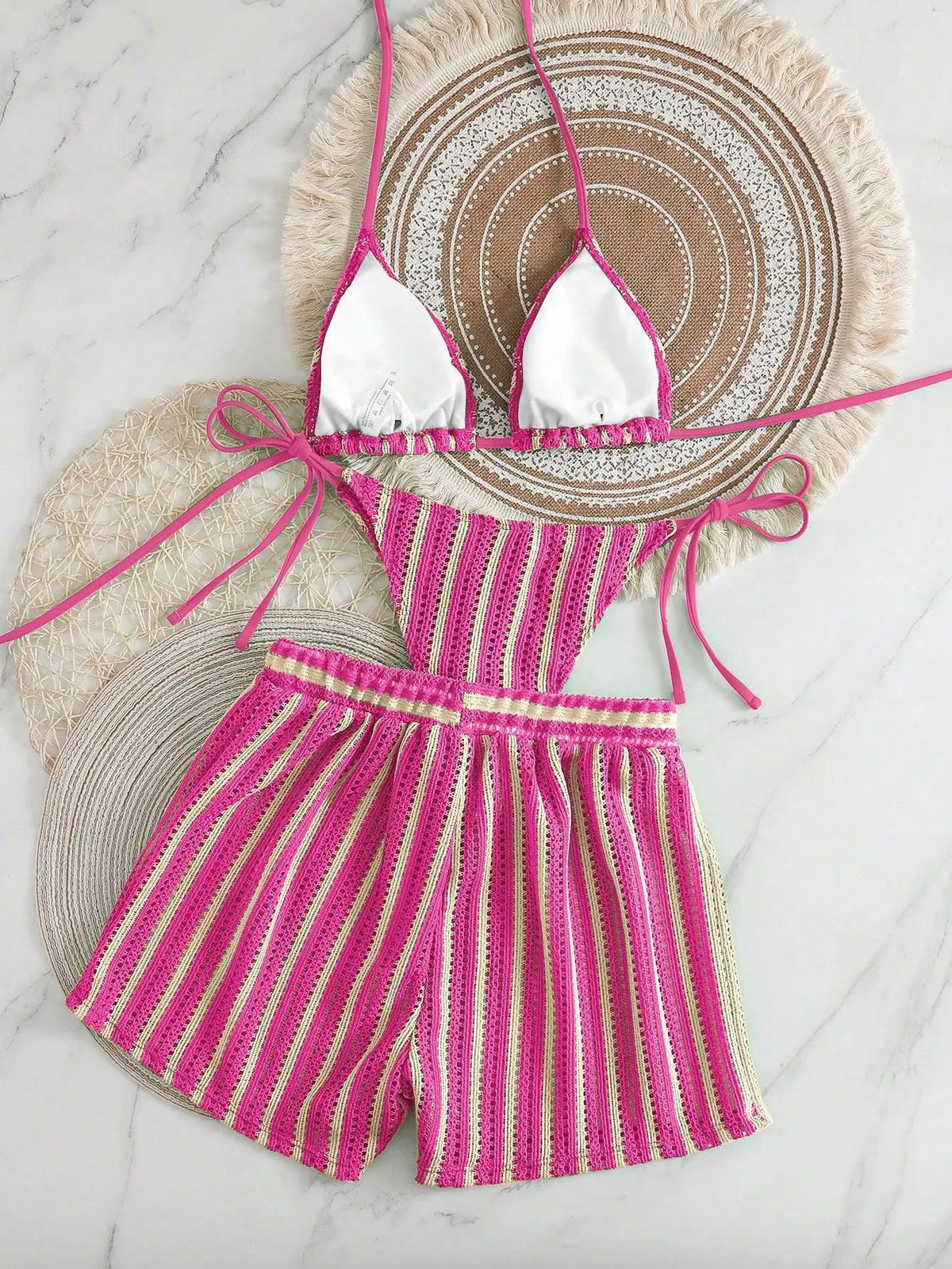 New Retro 3 Pieces Knitted Mesh String Bikini Set Swimsuit Women Blue Striped Swimwear with Shorts Beach Wear Boho Bathing Suit