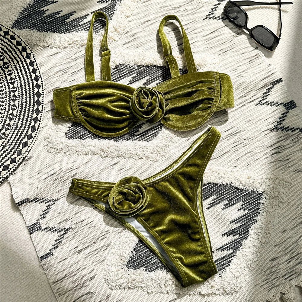 Sexy Green Velvet 3D Flower Swimwear Push Up Bikinis Sets Swimsuit 2026 Women Underwired Bathing Suit Thong Bikini Mujer Biquini