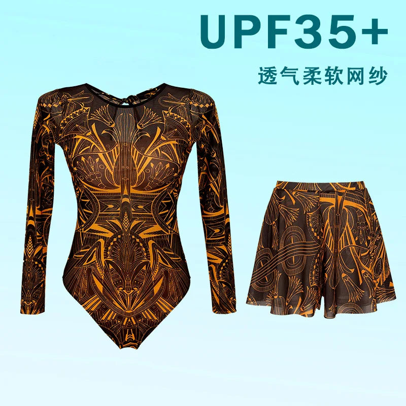 2026 Patchwork One Piece Swimsuit Long Sleeve Swimwear Women Bathing Suit Retro Sport Swimsuit One Piece Surfing Swim Wear