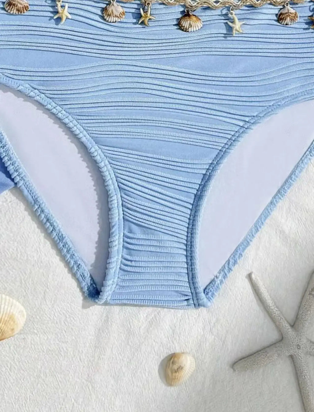 New Shell Starfish 3 Pieces Bandeau Bikini Set Swimsuit Women Blue Swimwear with Sarong Skirts Swim Dress Beachwear Bathing Suit