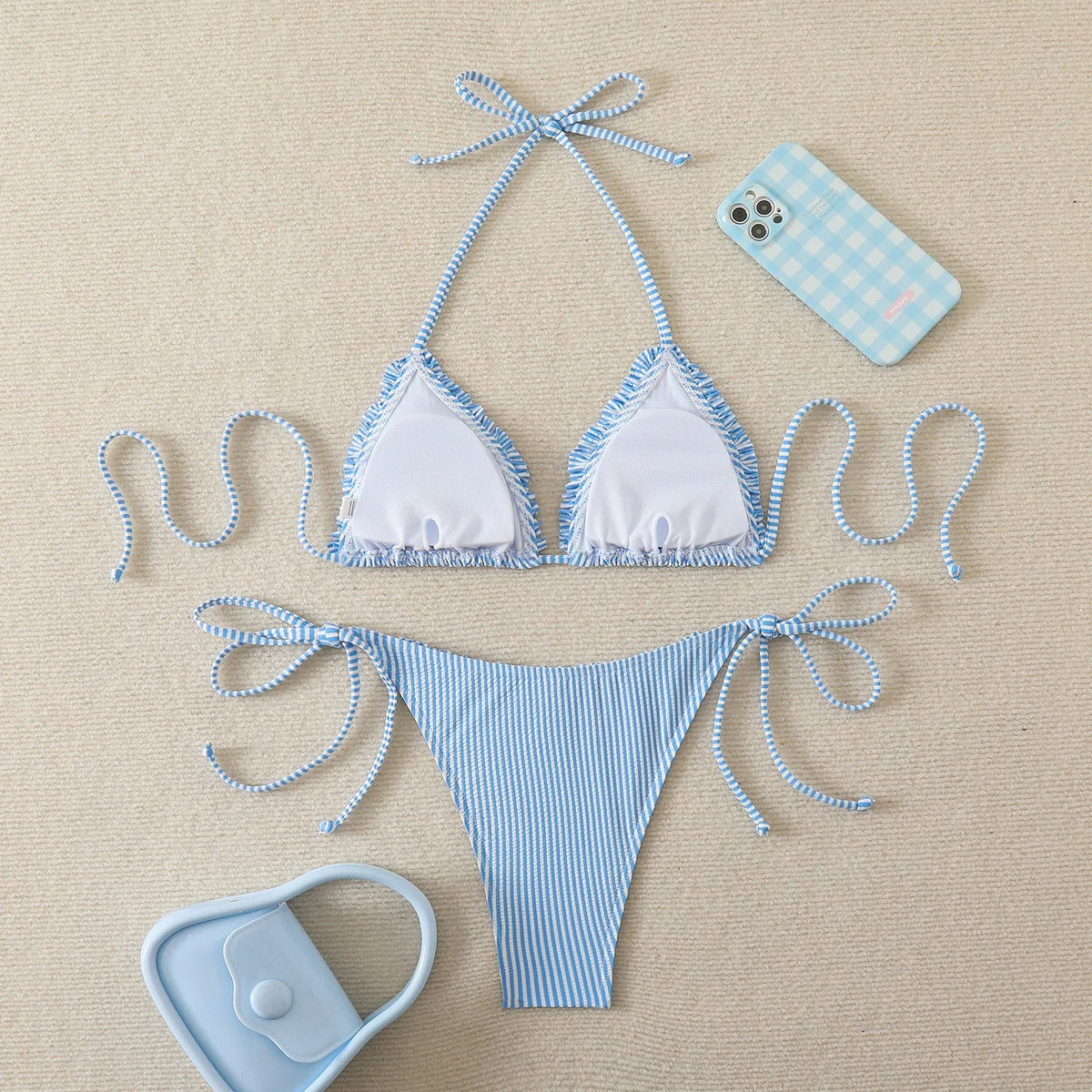 New Sexy Blue Striped String Bikinis Two Pieces Swimsuit Women Swimwear Halter Beach Wear Swim Bathing Suits Frill Bikini Set