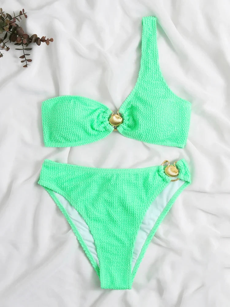 Sexy One Shoulder Shell Bikini High Waist Swimwear 2023 Textured Swimsuit Women Bathing Suits Metal Ring Two-piece Bikinis Set