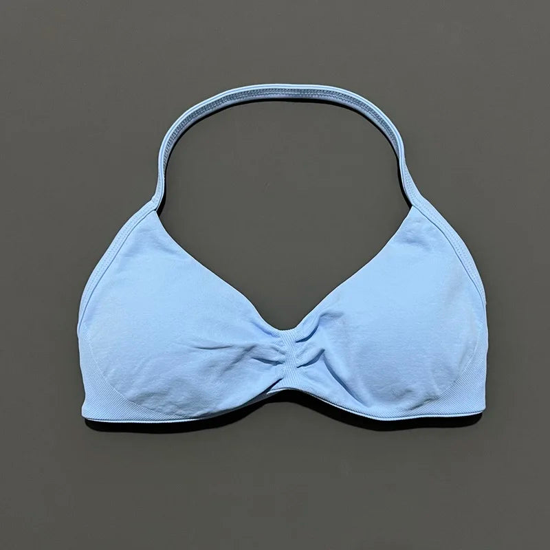 HISTELLO Impact Strappy Bra Gym Top Women High Support Thin Strap Halter Sports Seamless Bras Scrunch Push-up Workout Yoga Tanks