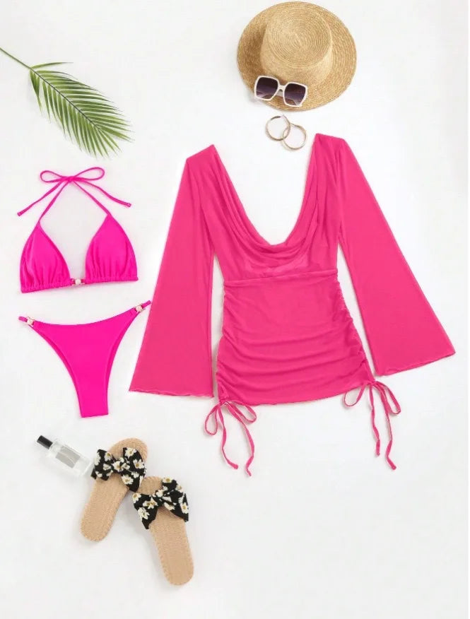 2024 Red 3 Pieces Set Swimsuit Women Thong Swimwear Sexy Matching Bikini Set Long Sleeve Dress Cover Up Beachwear Bathing Suit