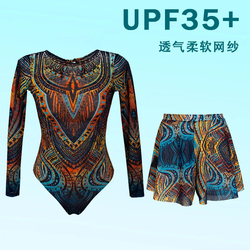 2026 Patchwork One Piece Swimsuit Long Sleeve Swimwear Women Bathing Suit Retro Sport Swimsuit One Piece Surfing Swim Wear