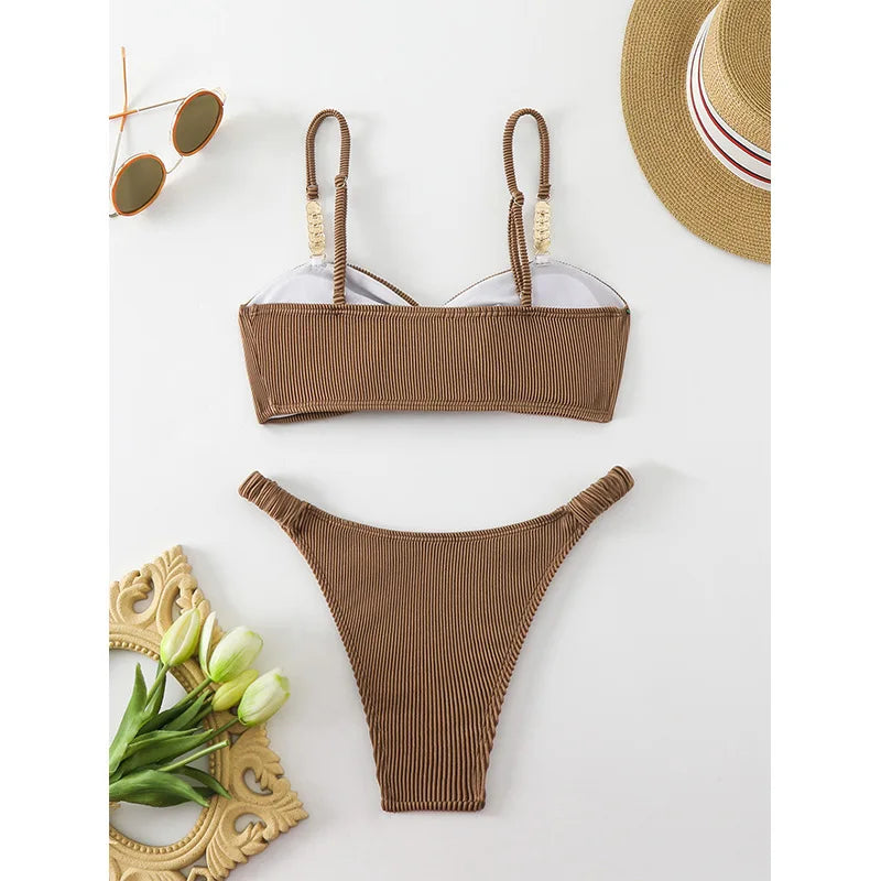 Sexy Micro Bikinis Sets Two Pieces Swimsuit Brown Swimwear Female Thong Brazilian Biquini Bandeau Ribbed Beach Wear Bathing Suit