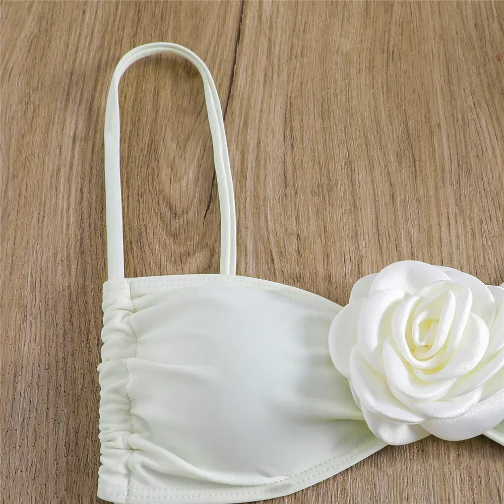 Sexy Flower Bandeau Swimwear Thong Bikini 2026 Women Lace-up Swimsuit Swimming Bathing Suit Brazilian Bikinis Sets Mujer Biquini