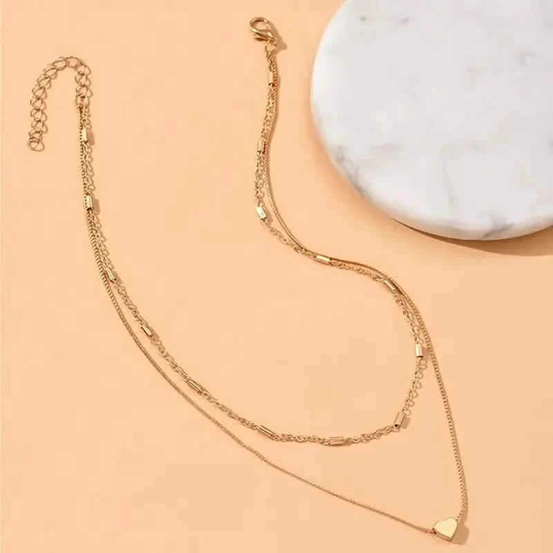 Elegant Simple Double Layer Choker Necklace with Heart Pendant