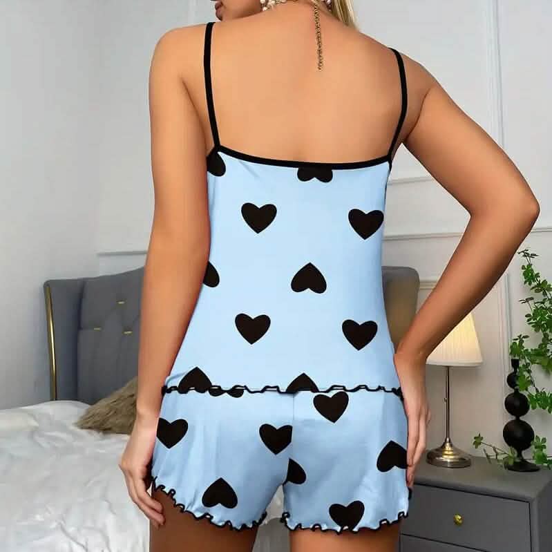 Heart Print Neck Cami Top and Lettuce Trim Shorts Set