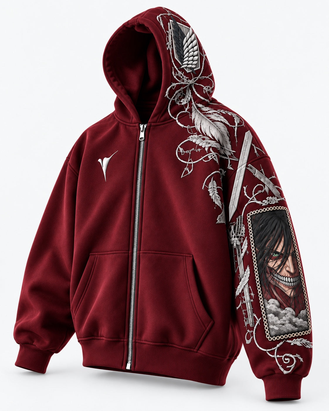 VZ OUT DROP 001 burgundy zip hoodie angled front view